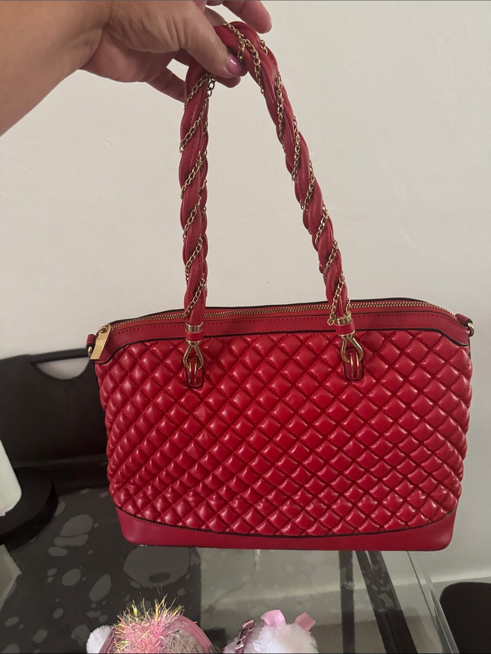 Quilted Red Women's Top-Handle Handbag with Gold Hardware - Picture 6 of 10